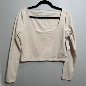 Leith Women's Ivory Dove Square Neck Long Sleeve Top Size L